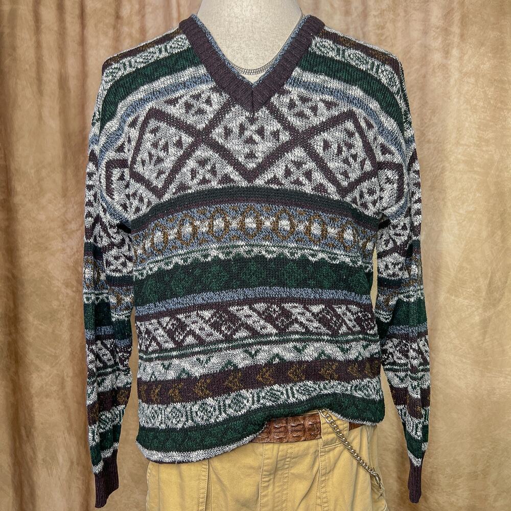 Vintage 90s Geometric Sweater Knit Multicolor Long Sleeve Nordic Cabincore Indie
